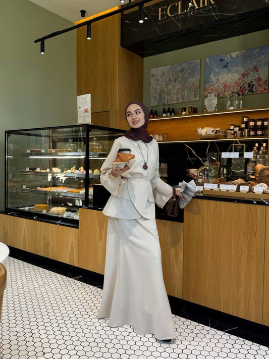 3-Piece Linen Set – Long Skirt, Vest & Mini Skirt – Beige